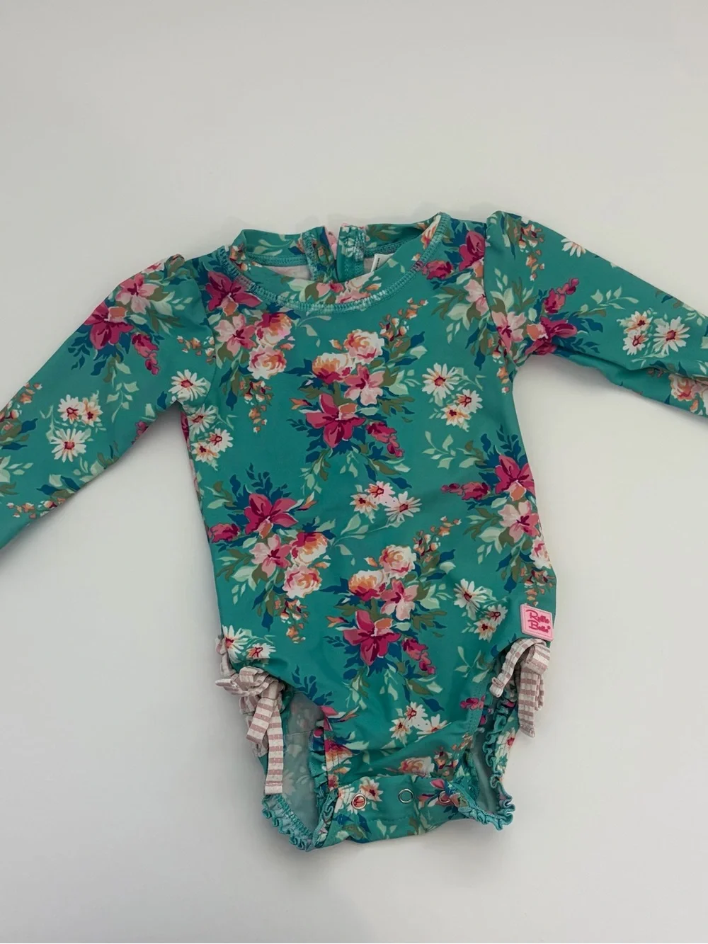 Ruffle Butts Blue Floral Long-Sleeve Baby Swimsuit